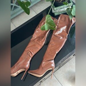 Steve Madden Viktory ThighHigh Stiletto Boots Brown Patent Faux Leather Size 6.5